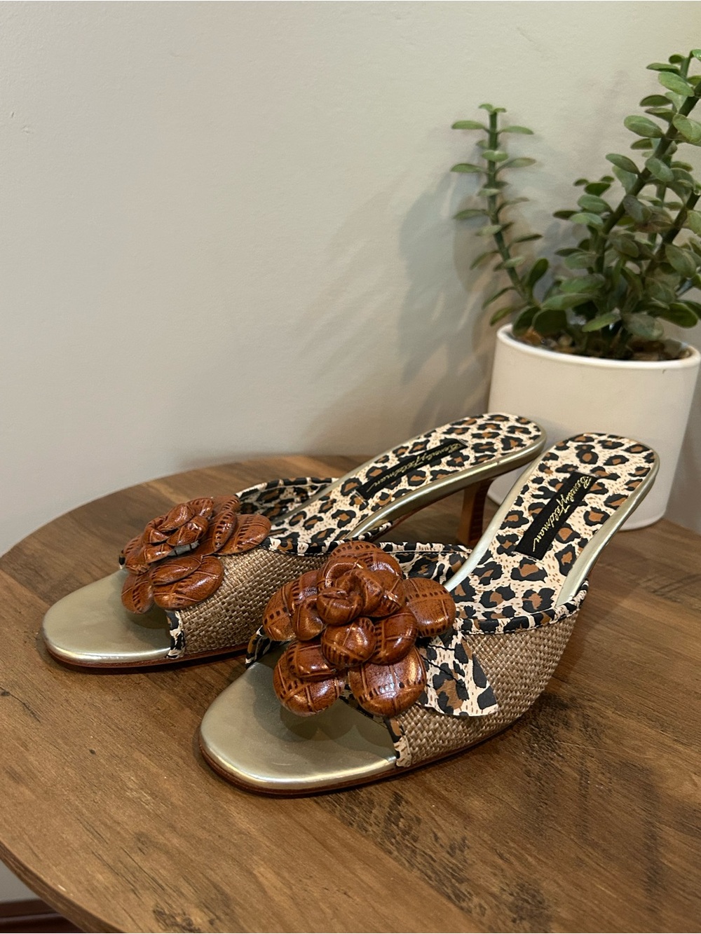 Beverly Feldman Leopard Print Floral Embellished Heeled Sandal Like New 9
